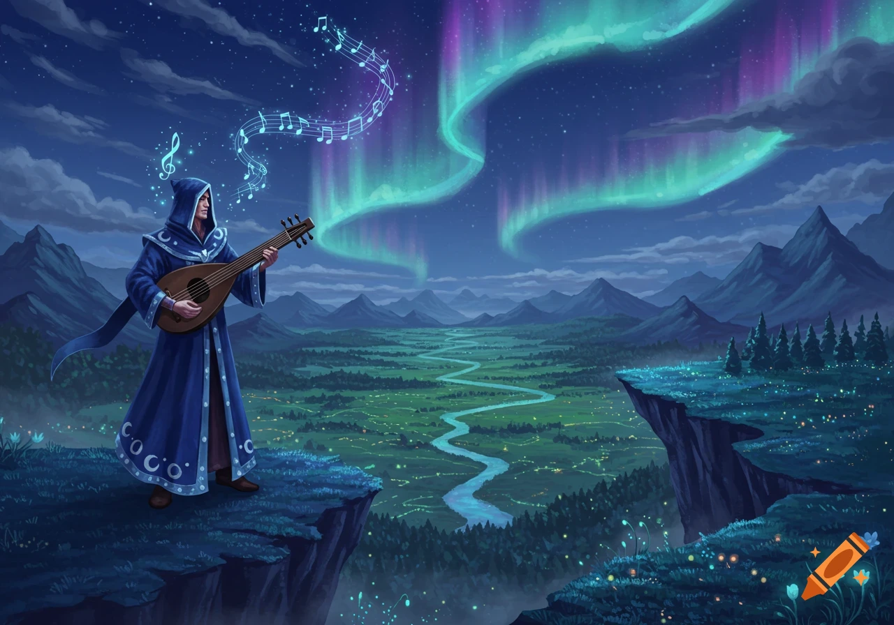 A hooded figure in a blue robe plays a lute on a cliff, with musical notes floating into the sky where a vibrant aurora borealis glows over a valley.