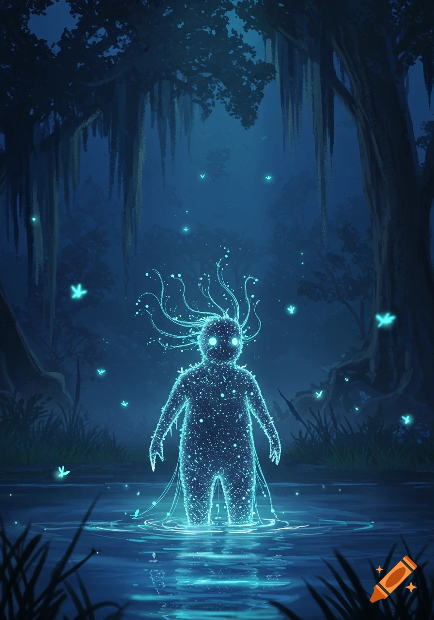 A glowing, ethereal, light-filled creature with tendrils for hair stands in dark swamp water surrounded by luminous butterflies and trees.