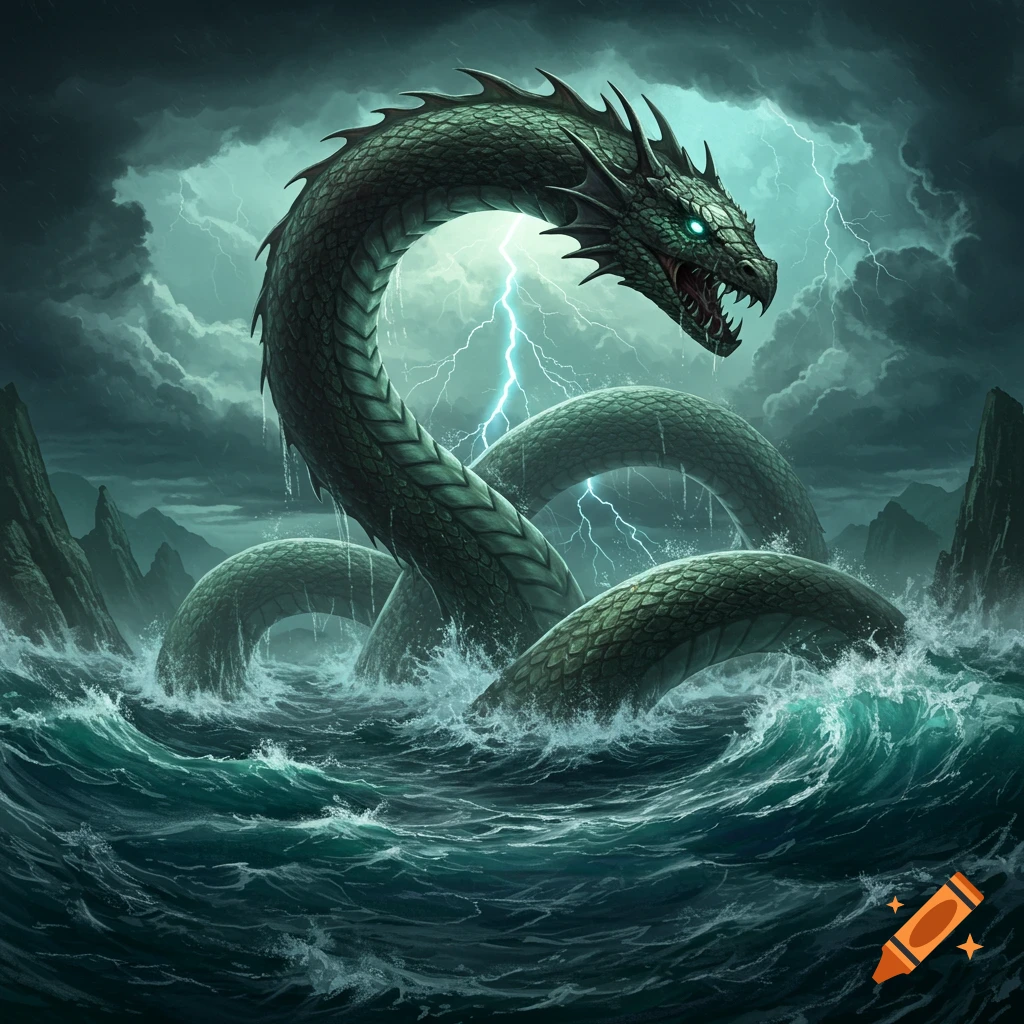 A massive green sea serpent, Jörmungandr, rises from a stormy, dark ocean with lightning striking in the background.