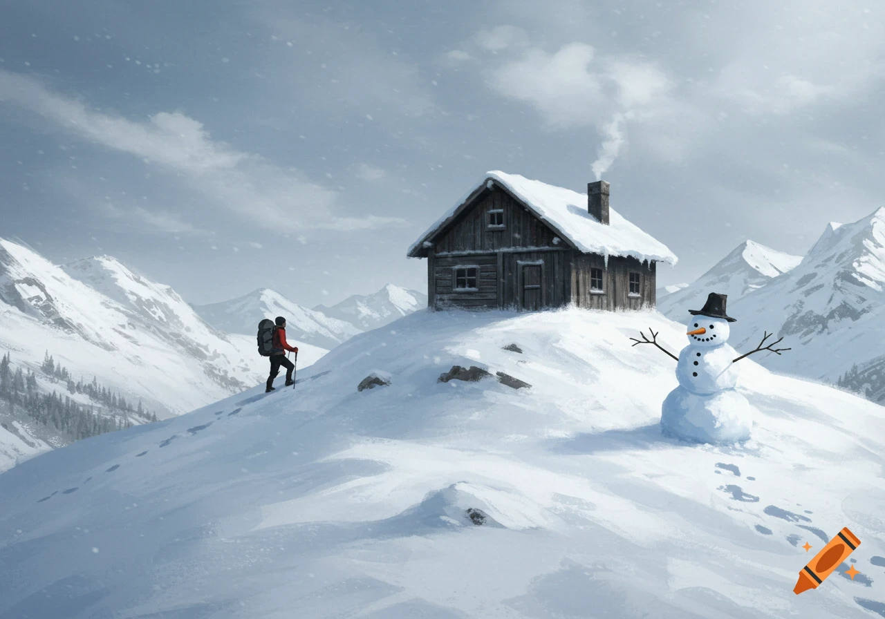 Illustrated winter mountain scene with a hiker, snow-covered cabin, and a snowman.