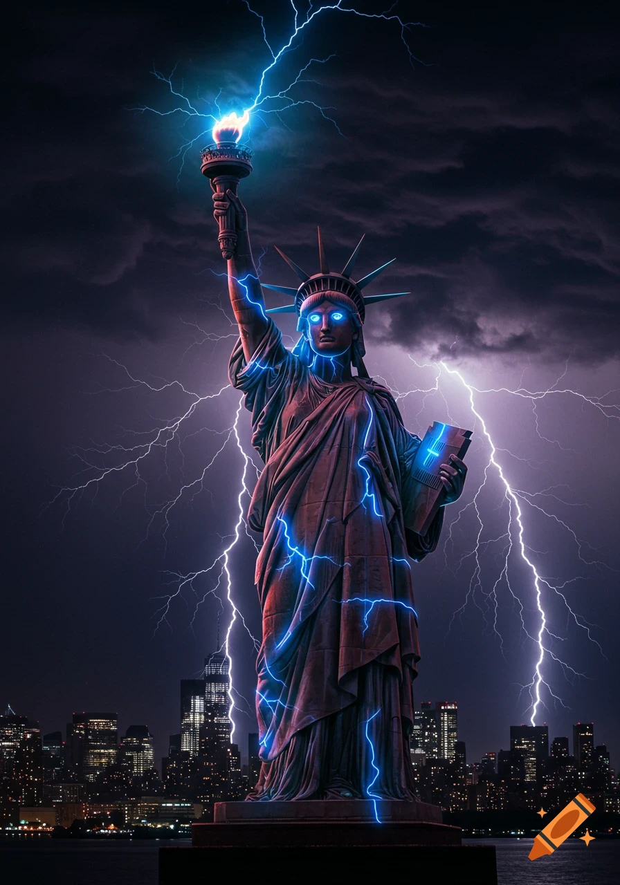 Electrified Statue of Liberty with glowing eyes and blue lightning, towering over a dark stormy city skyline at night.