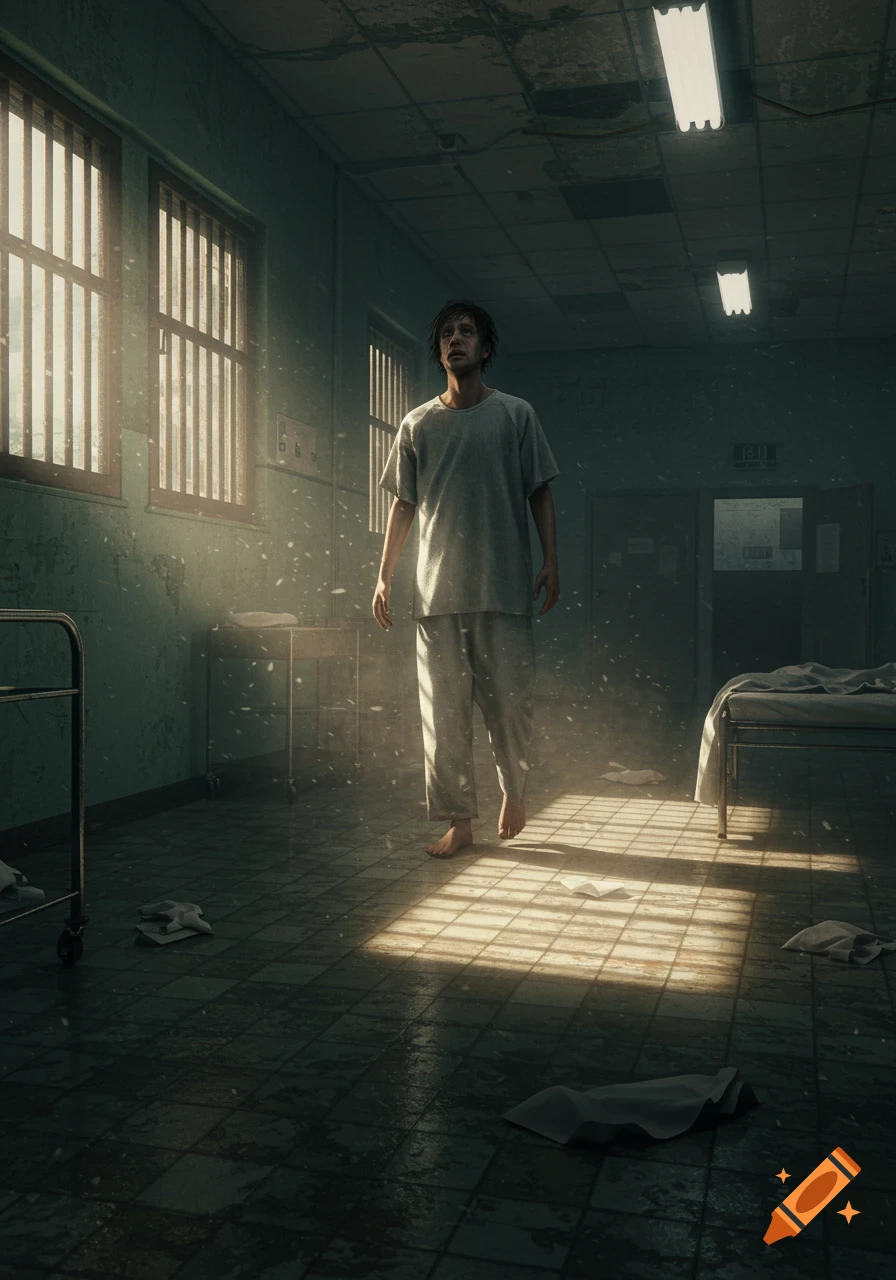 A distressed man in hospital pajamas stands barefoot in a dimly lit, rundown psych ward, bathed in sunlight from barred windows, with dust particles floating in the air.