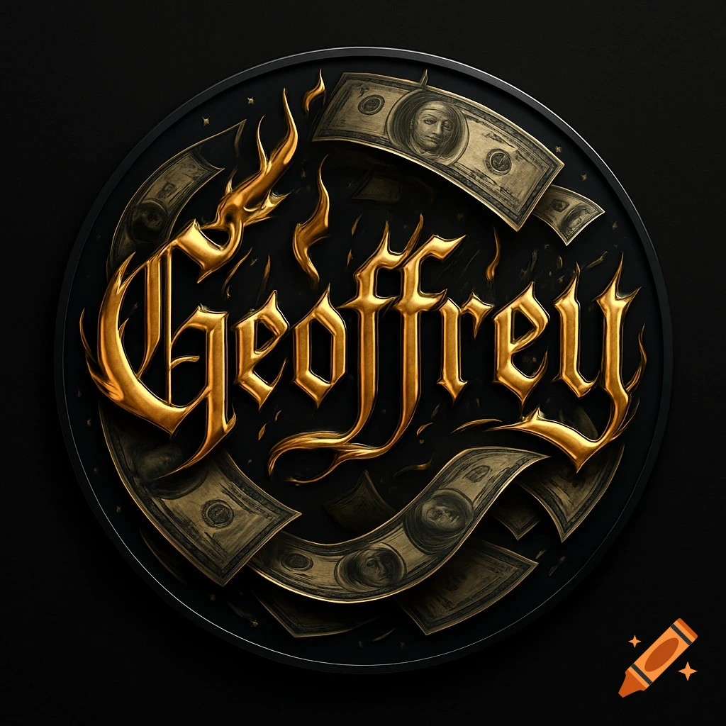 Circular logo with ornate gold 'Geoffrey' text, surrounded by flames and stylized dollar bills on a dark background.