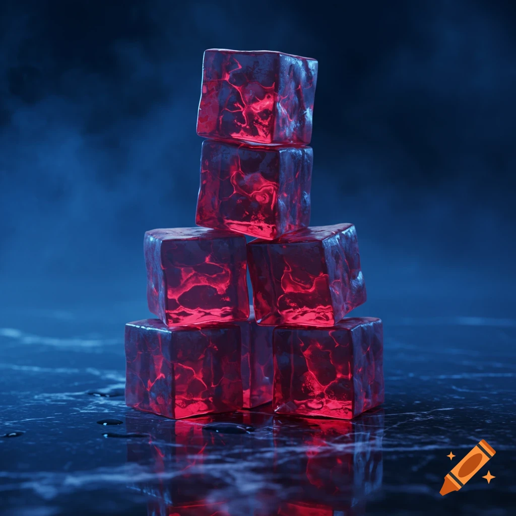 Stack of glowing red, jagged ice-like cubes on a dark, reflective surface with a hazy blue background.