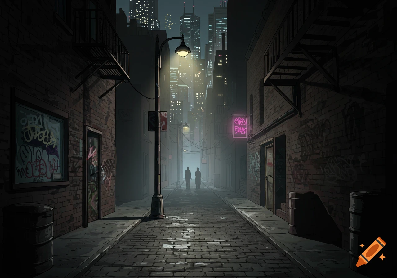 A dark, stylized comic art alleyway at night with glowing city buildings in the background. Two figures walk away from a streetlamp, towards the distant mist.