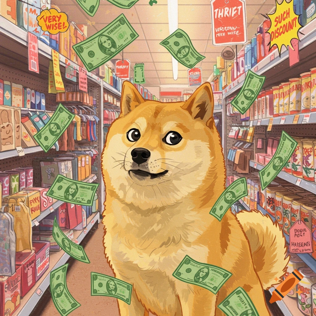 A happy Shiba Inu dog in a grocery store aisle, surrounded by falling dollar bills and signs with meme text like 'Such Discount'.