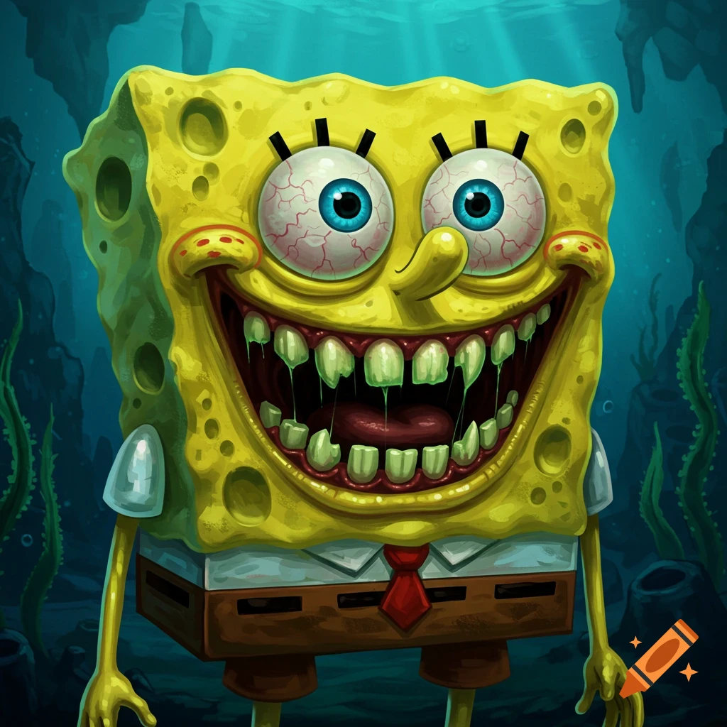 Creepy Spongebob SquarePants with bloodshot eyes, sharp green teeth, and drool, maniacally smiling underwater.