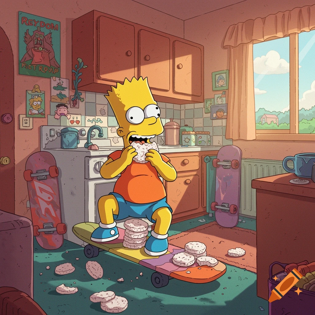 Bart Simpson sits on a skateboard, eating rice cakes in a messy, cartoon kitchen, with more rice cakes scattered around.