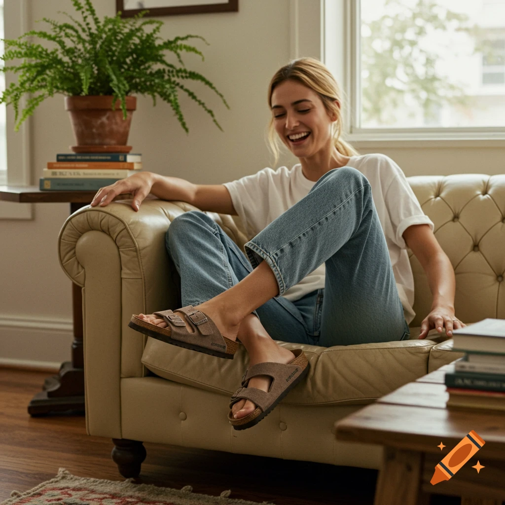 A smiling woman in jeans and brown sandals sits on a beige leather couch in a bright living room.