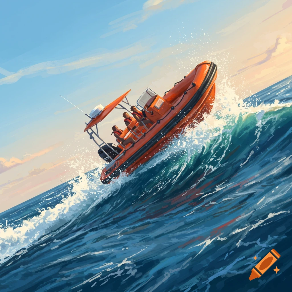 An orange inflatable boat with people inside rides over a large blue ocean wave under a bright sky in an illustration.
