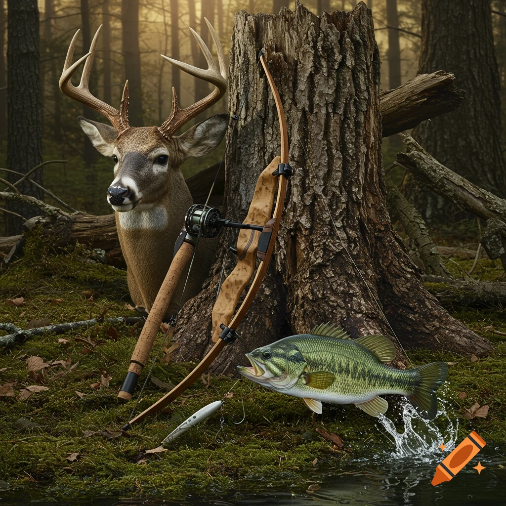 A photorealistic scene in a forest with a deer bust, hunting bow, fishing rod, and a bass fish jumping from water.