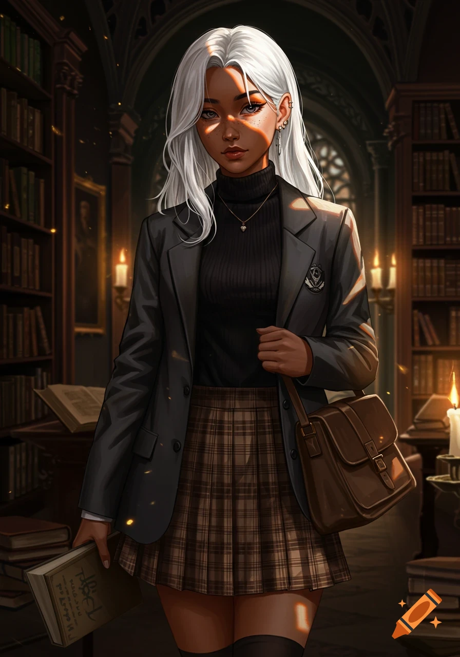 An anime-style girl with white hair and tan skin in dark academia clothing stands in a library, holding a book.
