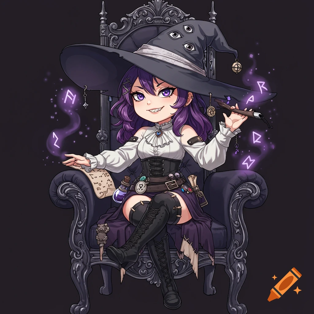 Anime-style witch with purple hair and hat with eyes, grinning on a throne, surrounded by glowing runes.
