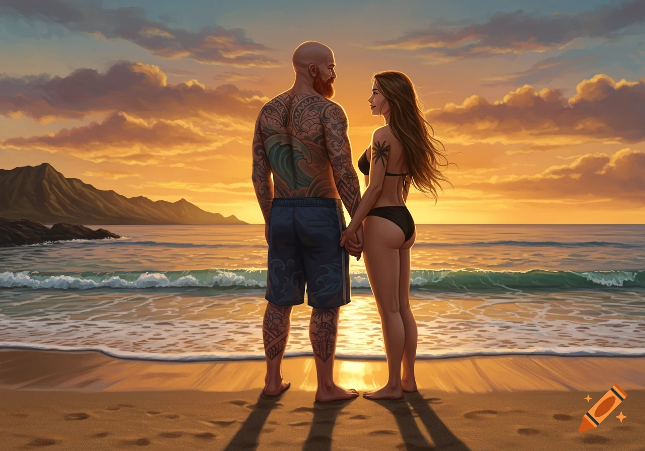 A tattooed man and a woman hold hands on a sandy beach at sunset, with mountains and ocean in the background, painted.