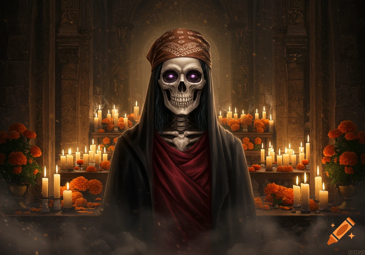 A skeletal figure with glowing purple eyes and a bandana, wearing a dark robe, surrounded by lit candles and orange marigolds.