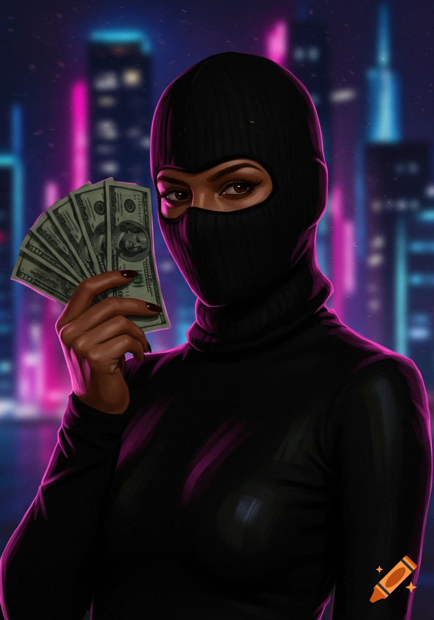 A stylized digital art portrait of a woman in a black balaclava and turtleneck, holding a fan of hundred-dollar bills against a neon-lit city skyline.