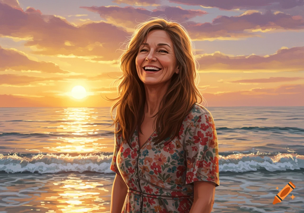 A smiling woman with long brown hair stands in front of a vibrant sunset over the ocean, in an illustration style.