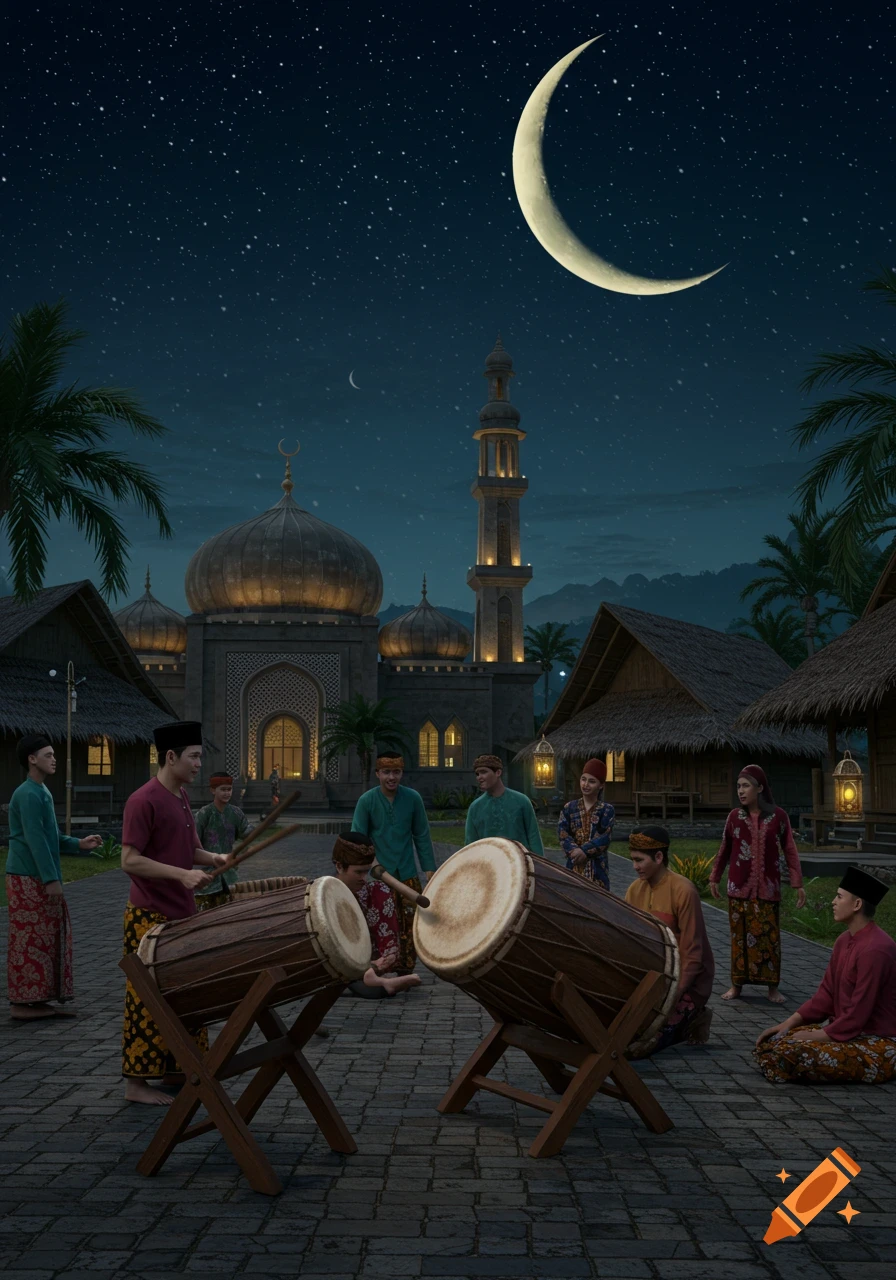Group of people playing traditional drums outside a mosque and village huts at night under a crescent moon.