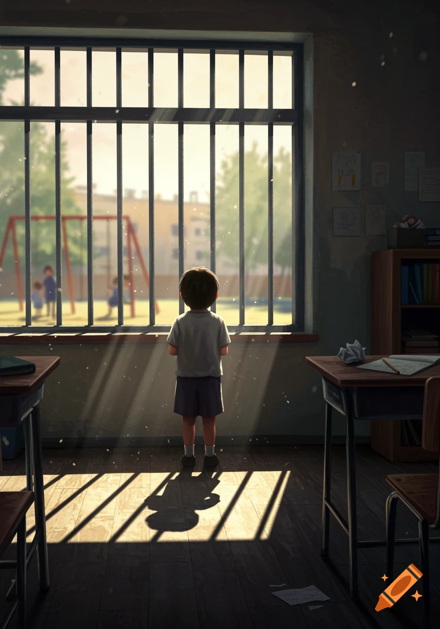 A child, back to viewer, looks through a barred classroom window at kids playing outside on a sunny day. Light streams onto the floor.