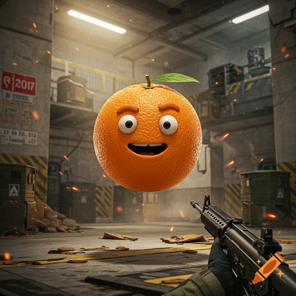 An Annoying Orange character floats in a gritty combat zone, viewed over the shoulder of a person holding an assault rifle.