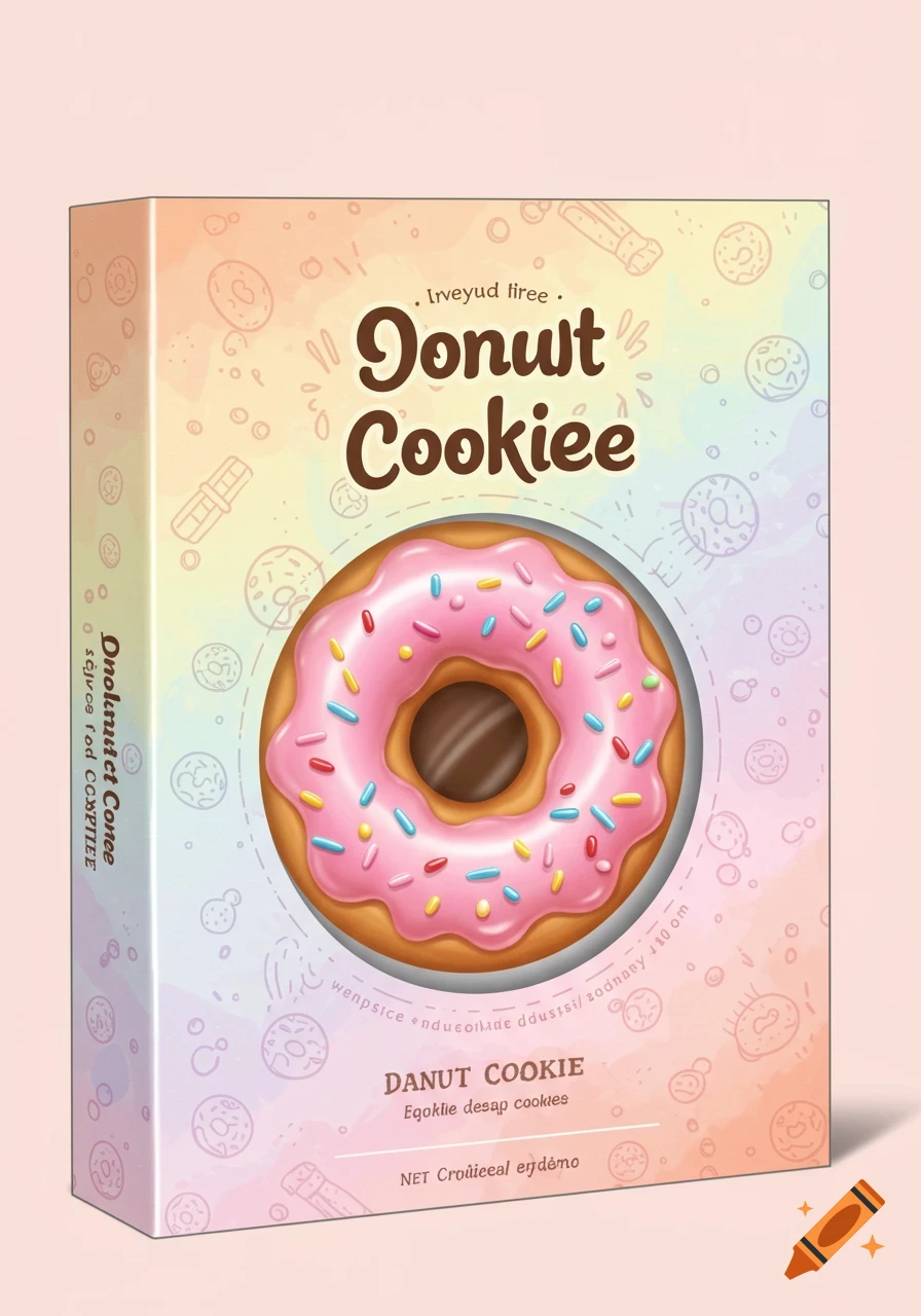 Pastel-colored box of 'Donut Cookie' packaging featuring a large pink frosted donut with colorful sprinkles.