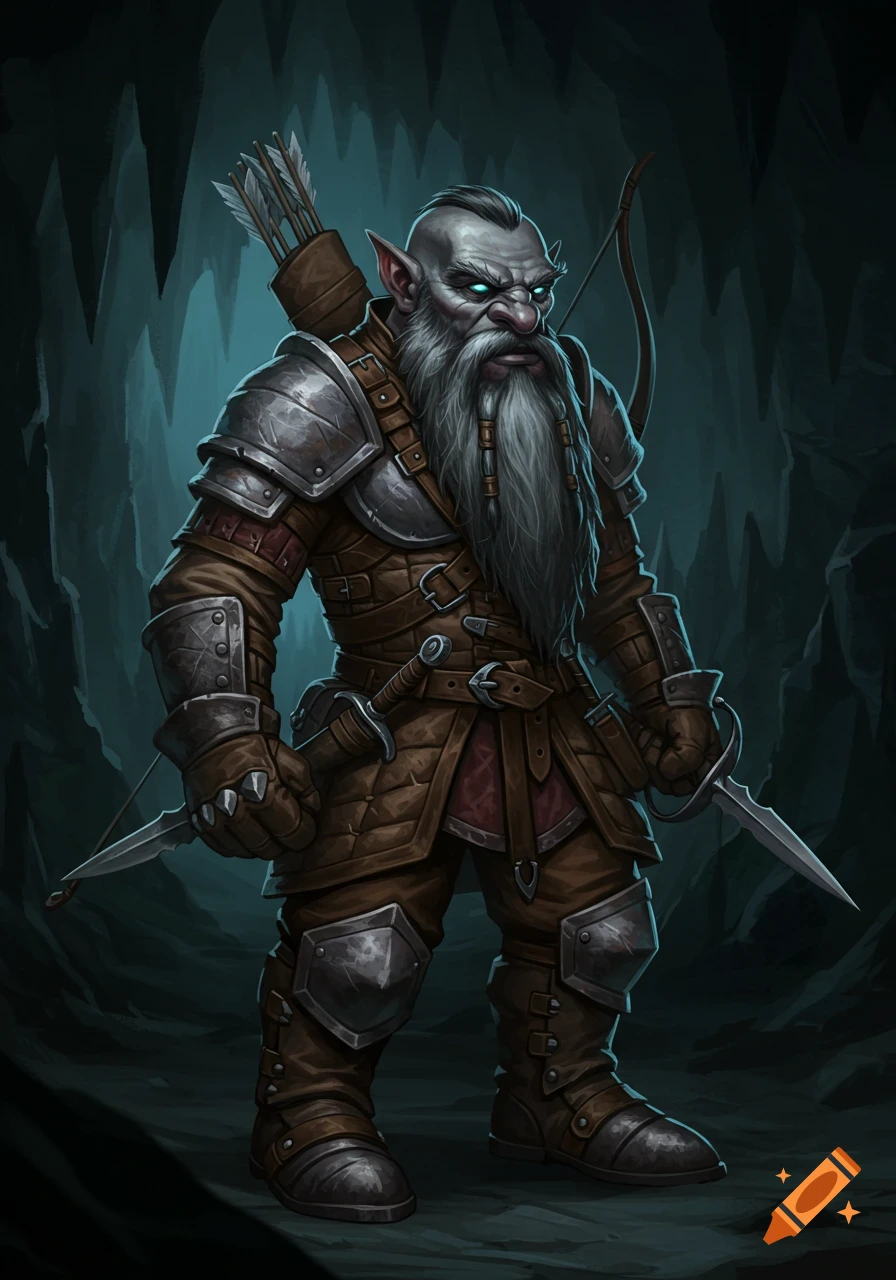 A grey-skinned fantasy dwarf warrior with a long white beard, glowing blue eyes, and armor, holding daggers in a dark cave.