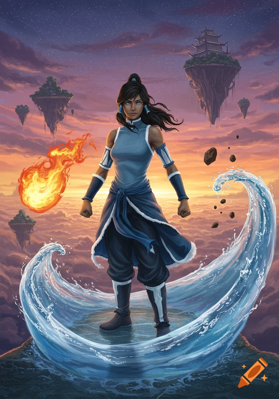 Avatar Korra bending fire, water, and earth, standing in water, with floating islands and a dramatic sunset sky in a digital art style.