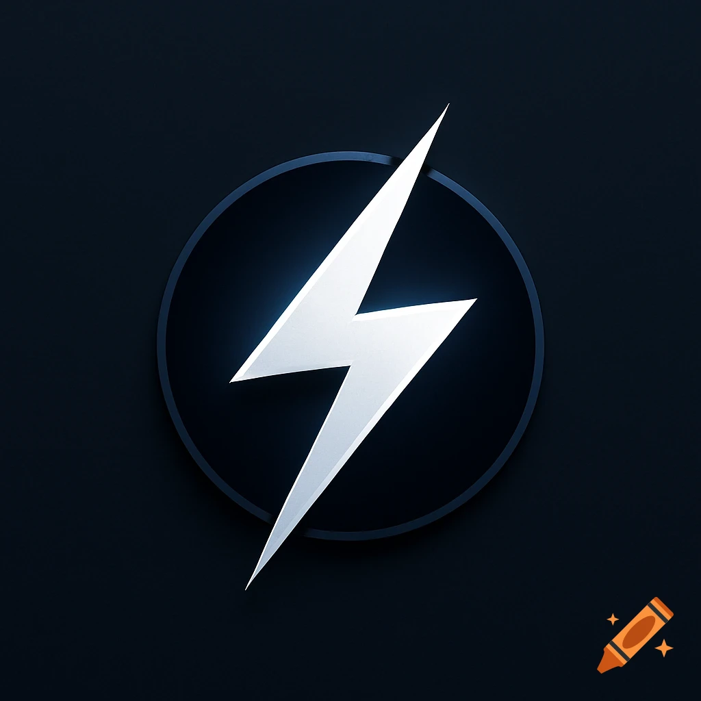 A stylized white lightning bolt logo within a dark blue circle, glowing against a black background.