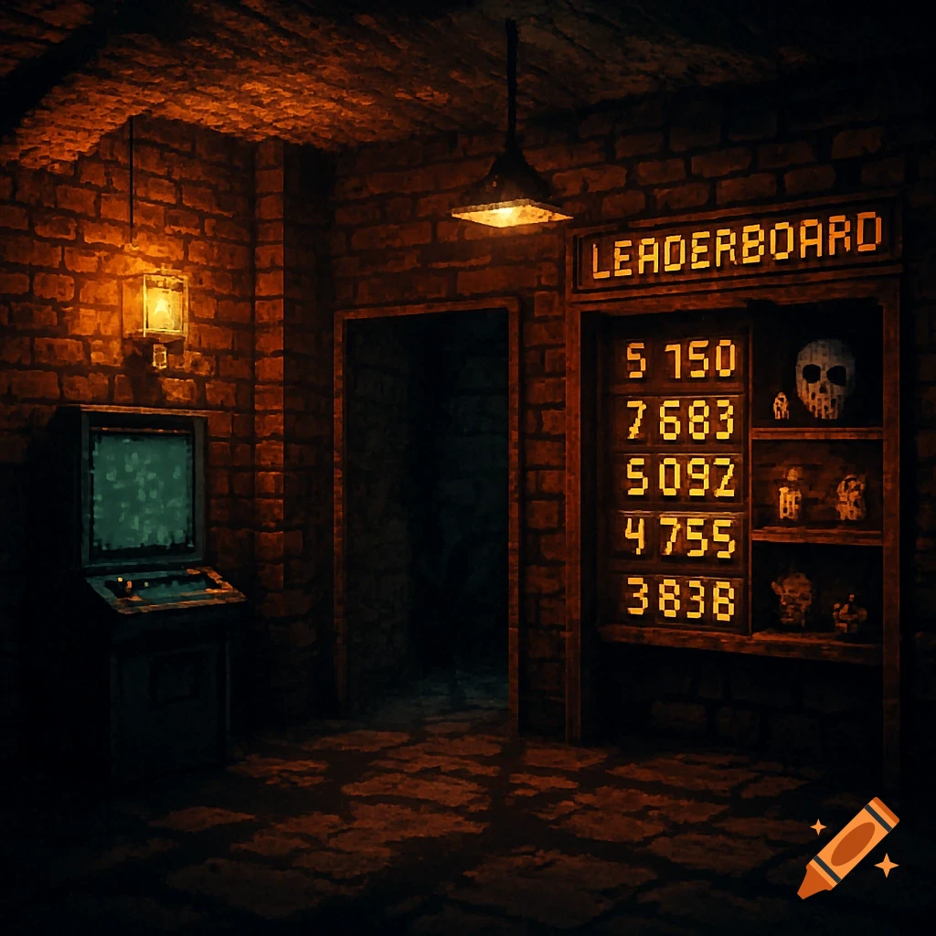 A dark, pixel-style brick room serves as a spooky video game lobby, featuring a leaderboard, an arcade machine, and shelves displaying a skull and figures.