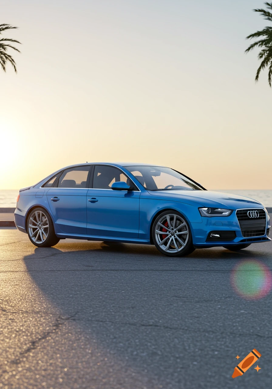 A blue Audi A4 car parked on asphalt by the ocean at sunset, with palm trees in the background, photorealistic style.
