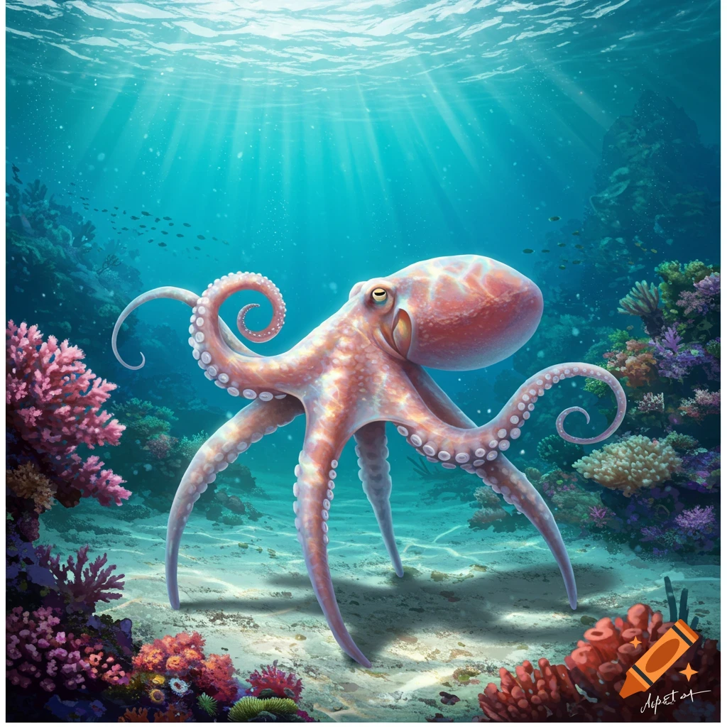 An artistic illustration of a pink octopus with eight legs, standing on the sandy seabed amidst colorful coral reefs, with light rays filtering from the clear blue ocean surface.