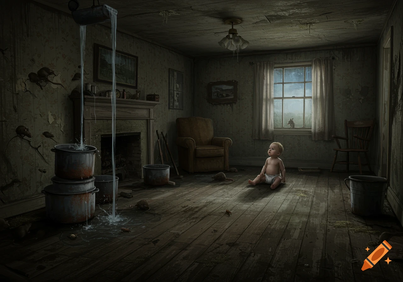 A baby sits in a decaying, rat-infested room with water leaking from the ceiling into rusted pots, light streaming from a window.