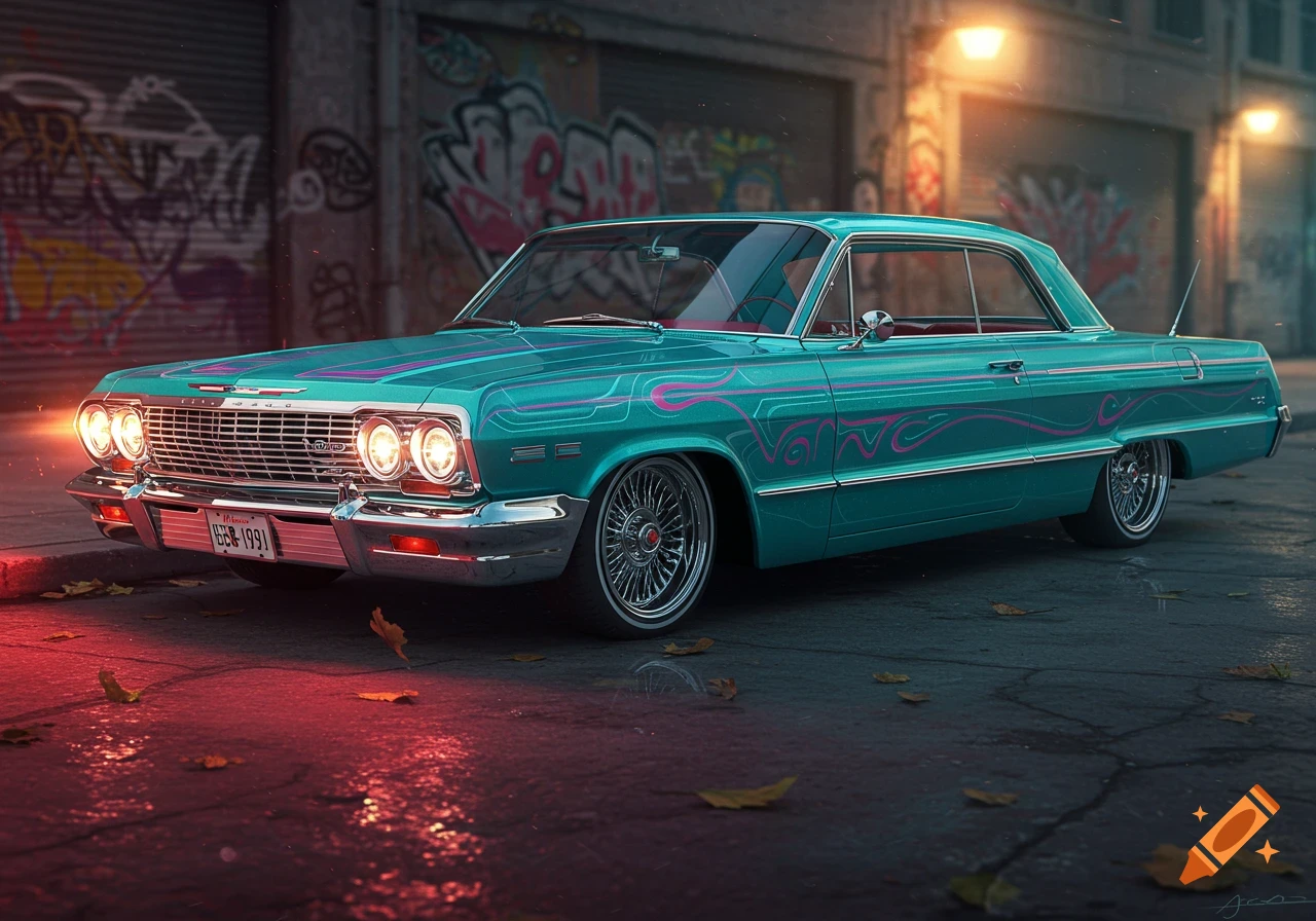 A vibrant aqua turquoise 1963 Chevy Impala lowrider with pink patterns and chrome rims, parked on a gritty street with graffiti walls and warm lighting.