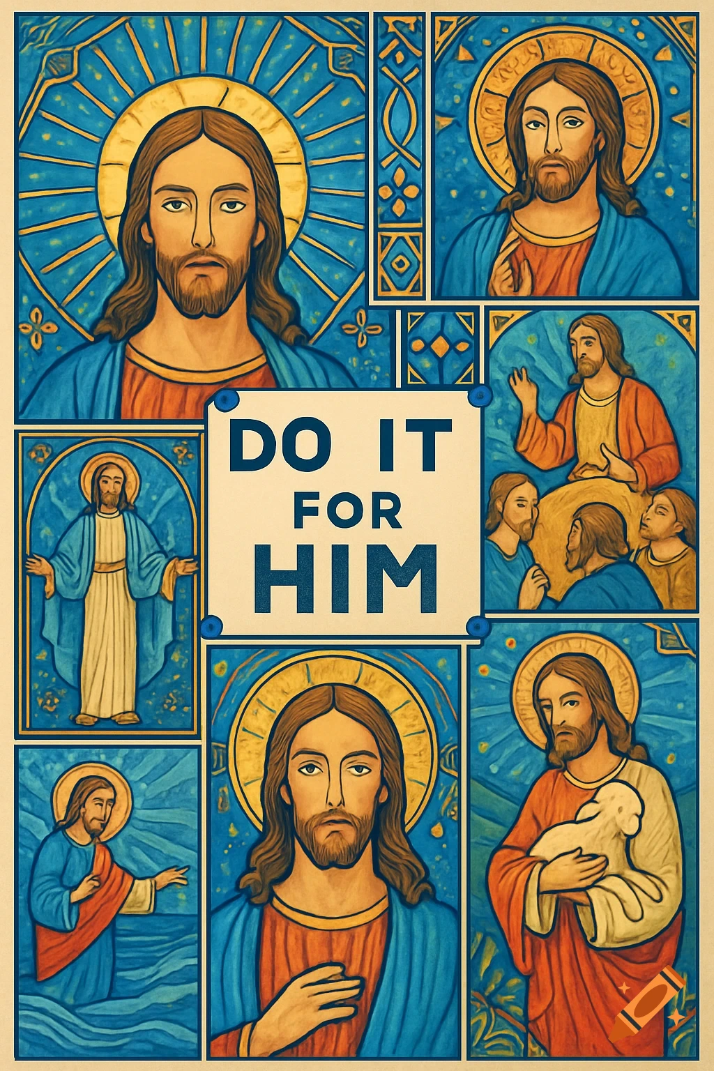 Collage of Jesus Christ in various poses, with a central panel featuring the text 'DO IT FOR HIM', in a stained-glass or iconographic style.