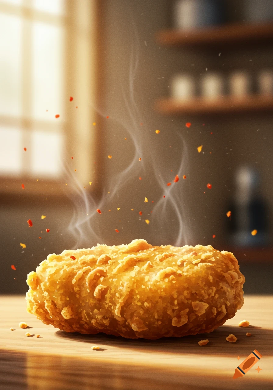 A steaming, golden-brown chicken nugget sprinkled with red and orange spices on a wooden table, in a sunlit kitchen.