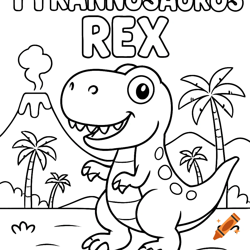 Black and white cartoon Tyrannosaurus Rex coloring page, smiling in a prehistoric landscape with volcano and palm trees, text 'TYRANNOSAURUS REX'.