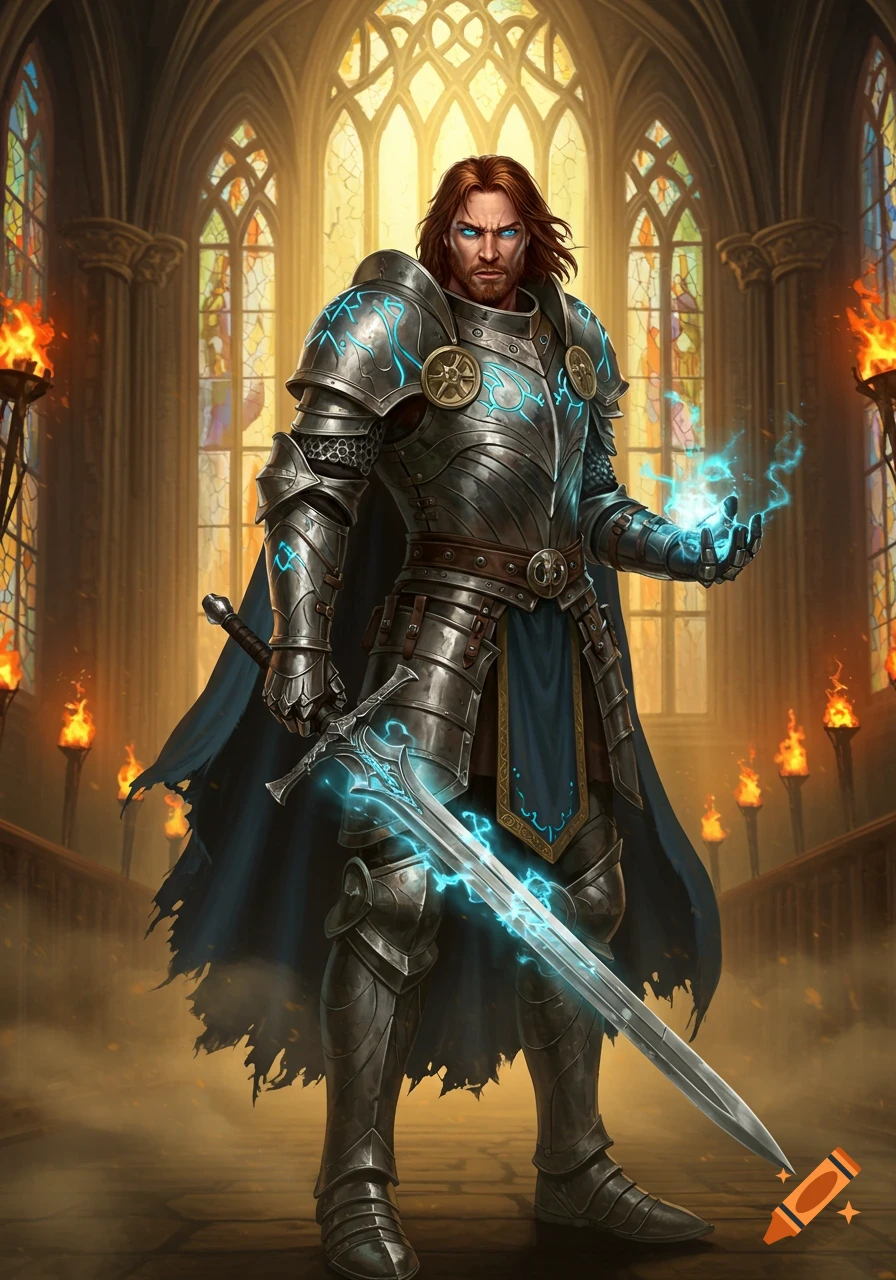 A male knight in ornate silver armor with glowing blue accents holds a magical sword and casts a spell, standing in a grand cathedral.