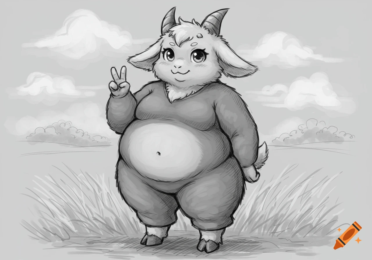 Black and white sketch of a chubby, cute goat-girl fursona making a peace sign in a grassy field.