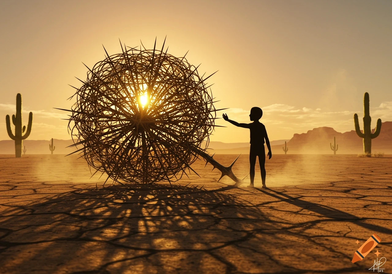 Silhouette of a child reaching towards a giant thorny tumbleweed in a cracked desert at sunset, with cactuses.
