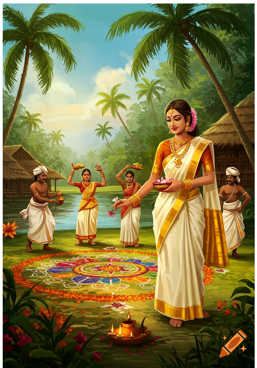 Vibrant illustration of Onam festival with people in traditional clothes, making a flower rangoli near palm trees and huts.