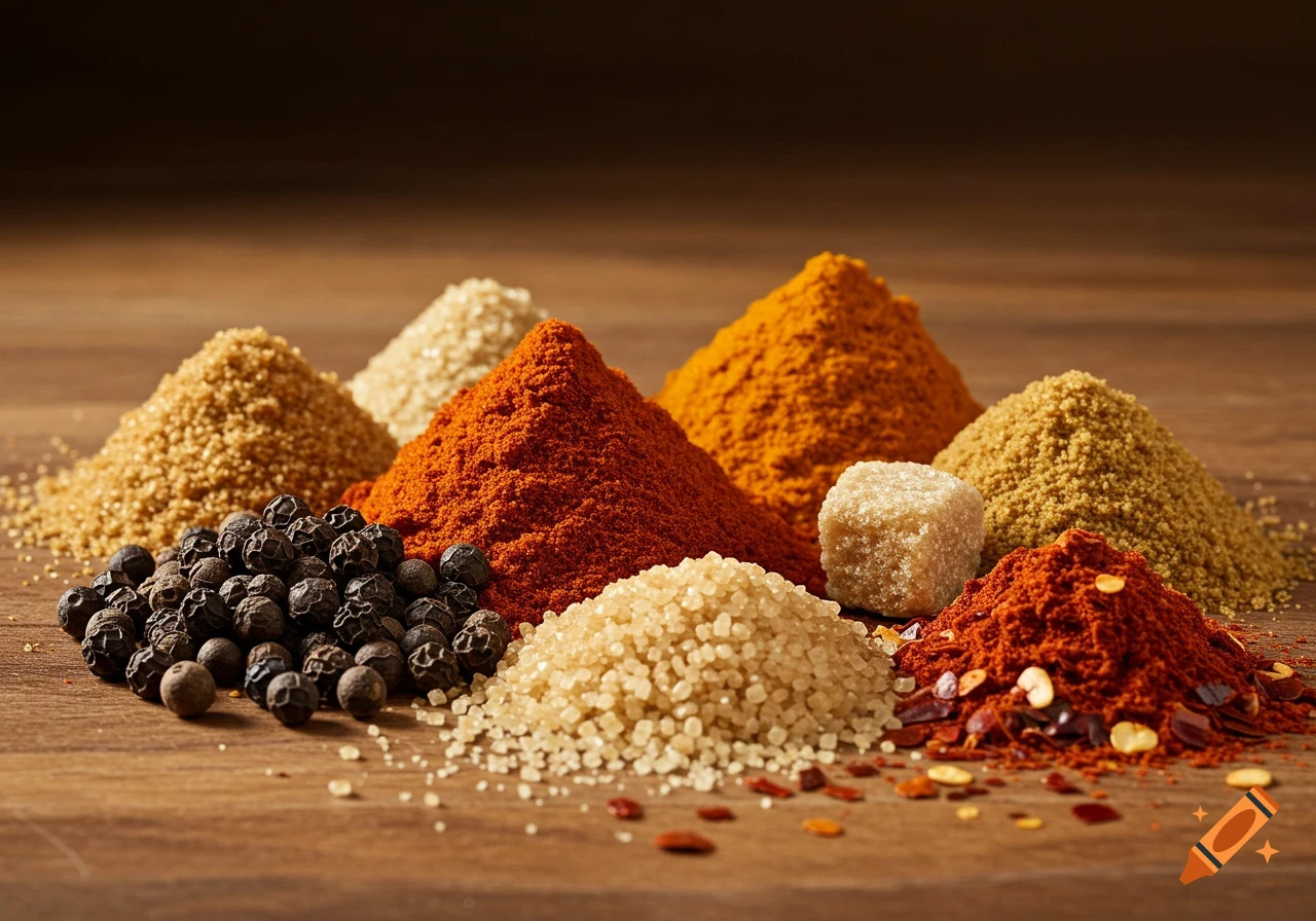 Piles of various spices, including black peppercorns, red paprika, brown sugar, and chili flakes on a wooden surface.