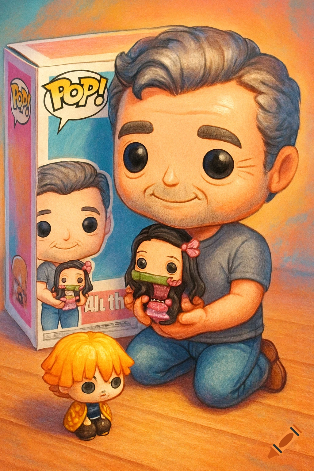 An illustration of a gray-haired man Funko Pop holding a Nezuko Funko Pop, standing in an open Funko Pop box. A Zenitsu Funko Pop sits on the floor.