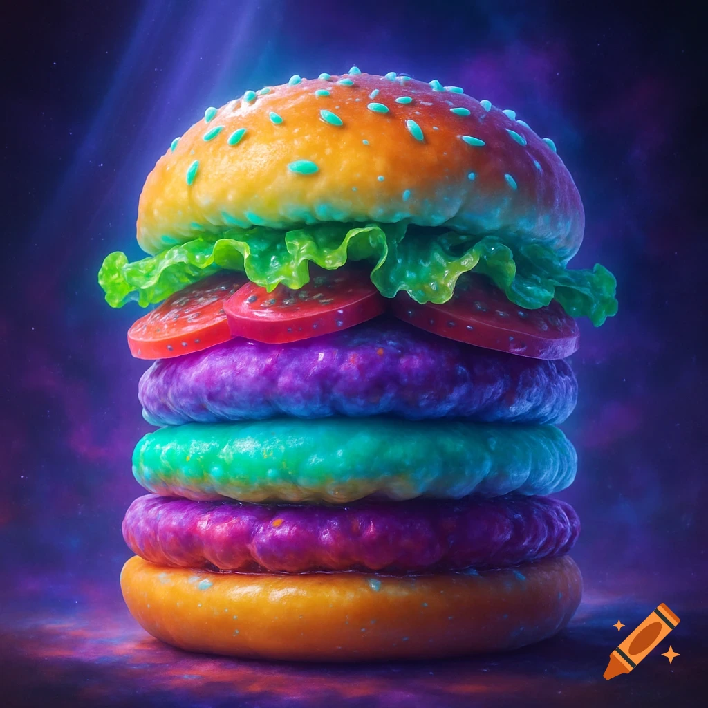 Vibrantly colored hamburger with multiple rainbow patties, lettuce, tomato, and blue sesame seeds against a cosmic background.