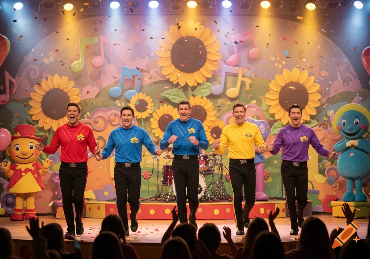 Five men from The Wiggles perform on a brightly lit stage with sunflowers, musical notes, and confetti, flanked by mascots, as an audience watches.