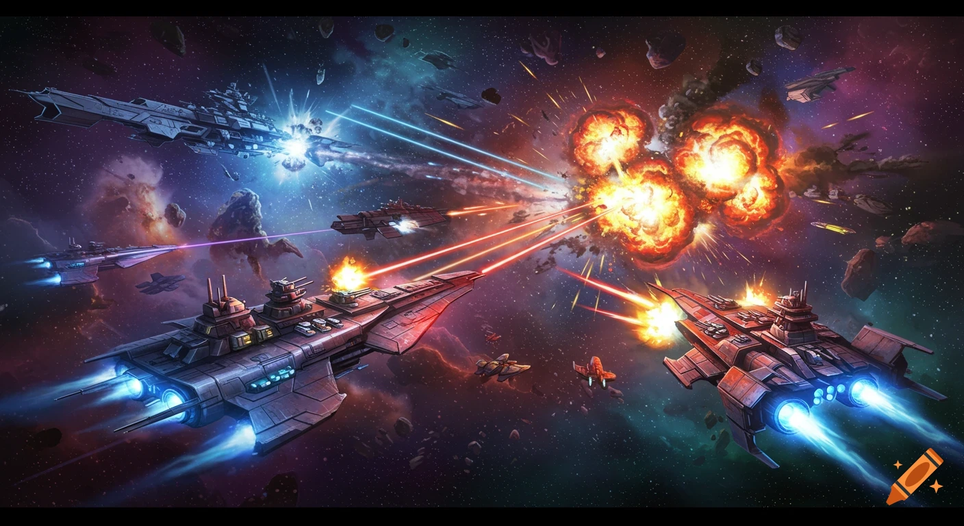 Vibrant illustration of a space battle with large, detailed warships firing lasers and exploding amidst asteroids in deep space.