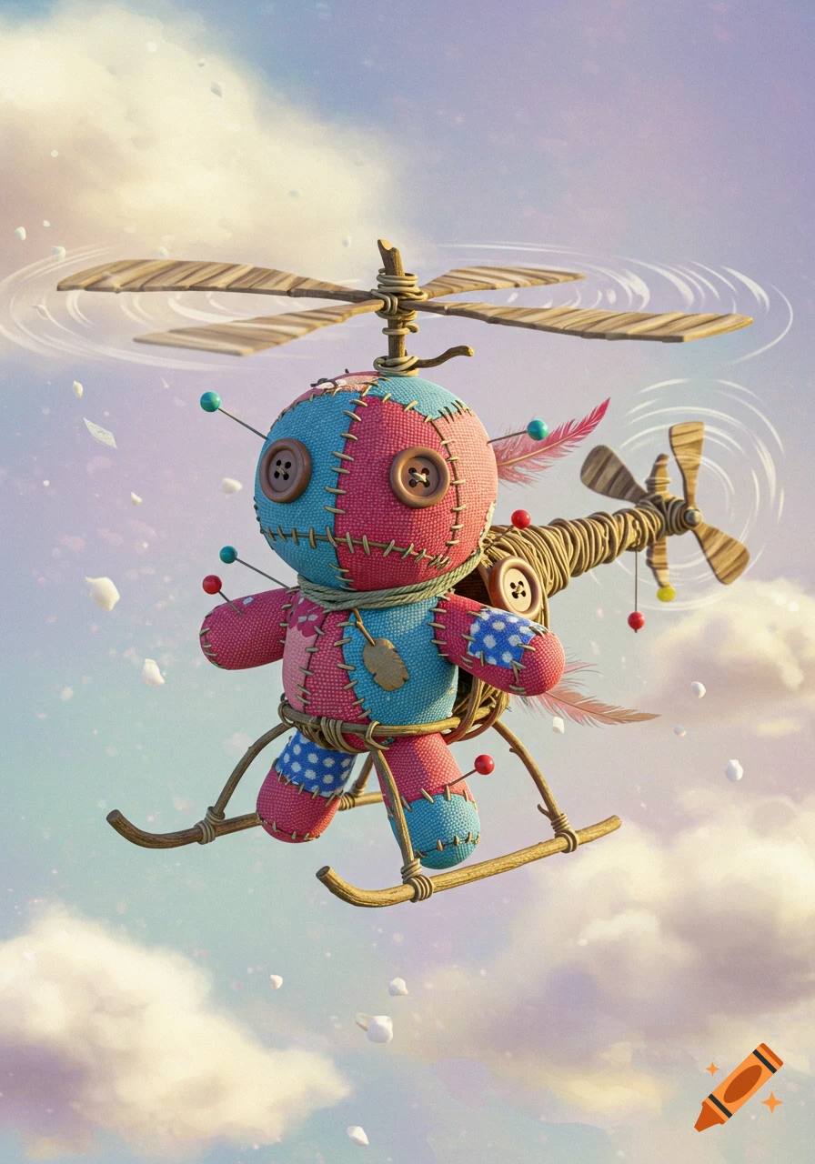 A whimsical voodoo doll helicopter made of patchwork fabric and wood, flying in a pastel sky.
