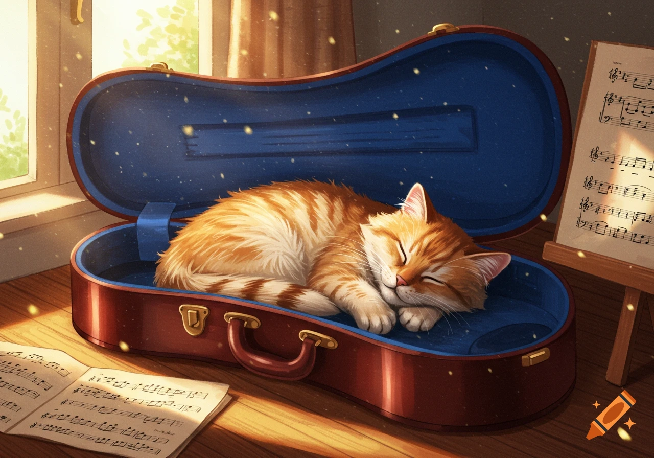 A fluffy ginger cat sleeps peacefully inside a blue-lined violin case next to sheet music in warm sunlight, illustrated style.