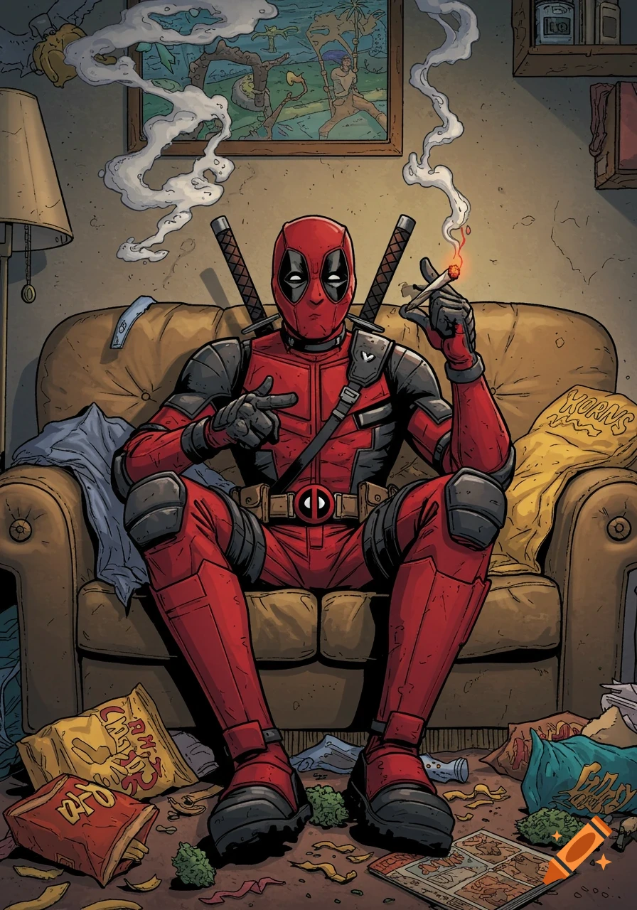 Deadpool slouched on a couch in a messy room, holding a lit blunt and pointing at the viewer, in comic book art style.