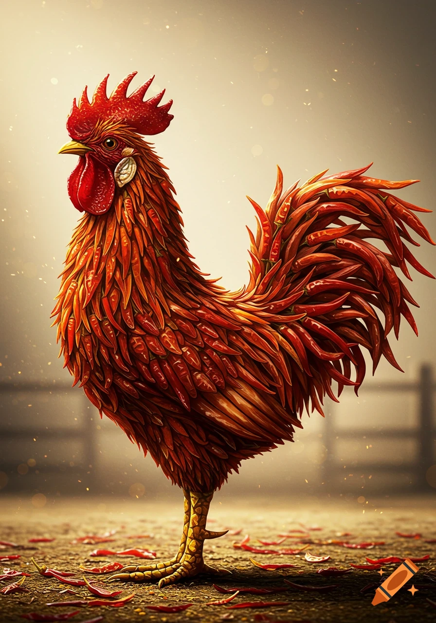 A photorealistic rooster made of vibrant red dried chili peppers, standing on a ground scattered with chilies.