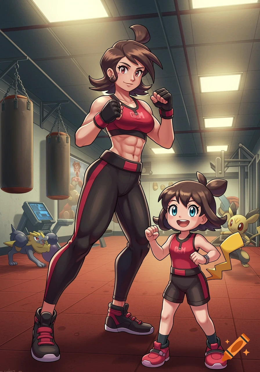 An anime-style adult woman and a child, both with brown hair, in a gym. The woman is muscular, wearing a red sports bra and black leggings, standing with fists raised. The child is smiling, wearing a matching red top and black shorts, also with fists raised. Several Pokémon are in the background.